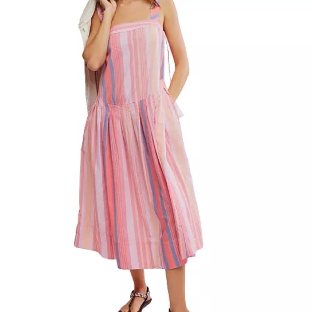Free People Pink and White Sleeveless Midi Sundress